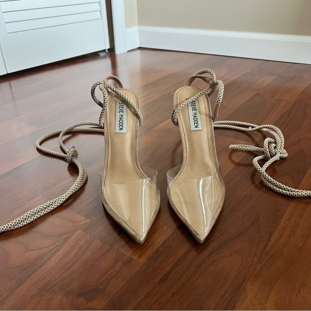 Steve Madden Beige Lace Up Clear Pointed Toe Heels